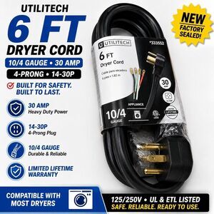NEW Utilitech 6 Ft Dryer Cord 10/4 Gauge 30 Amp 4-Prong 14-30P 333552 125/250V